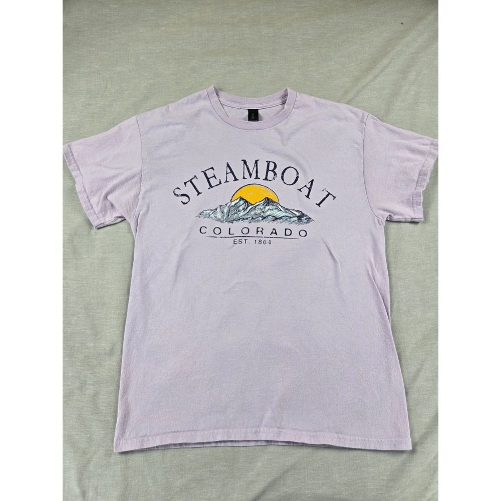 Gildan Steamboat Colorado Graphic T-Shirt Mens Medium Lavender Purple Mountain T